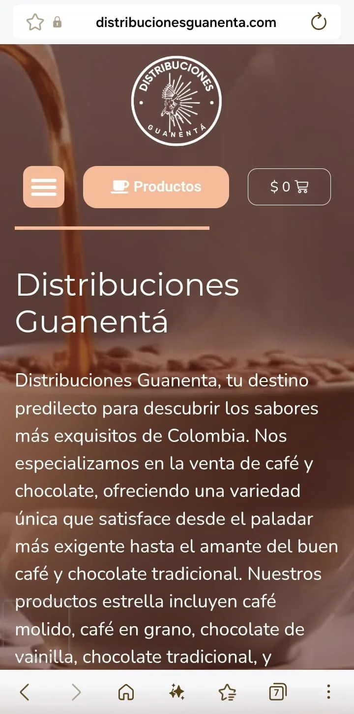 Tienda en línea de Distribuciones Guanentá en vista móvil