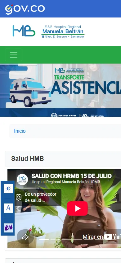 Página de inicio del Hospital Manuela Beltrán en vista móvil
