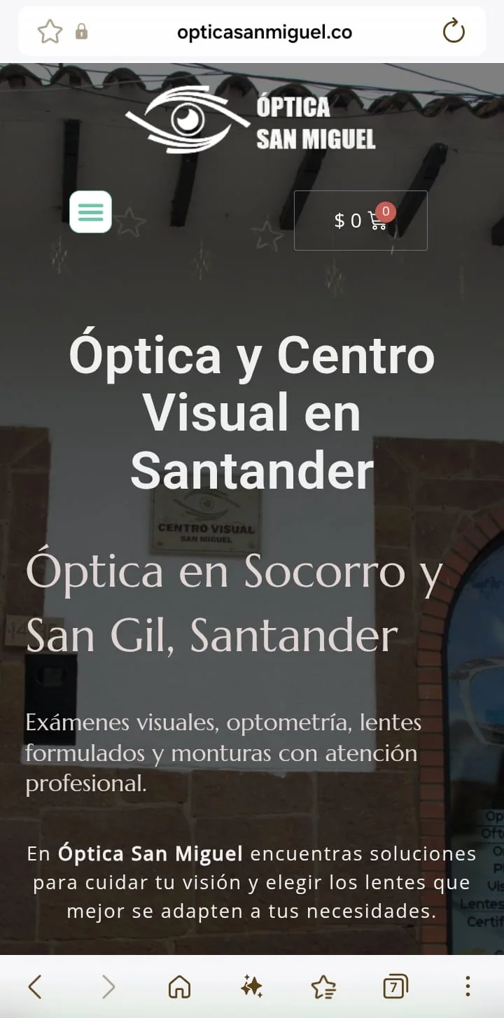 Cabecera del sitio web de Óptica San Miguel en vista móvil