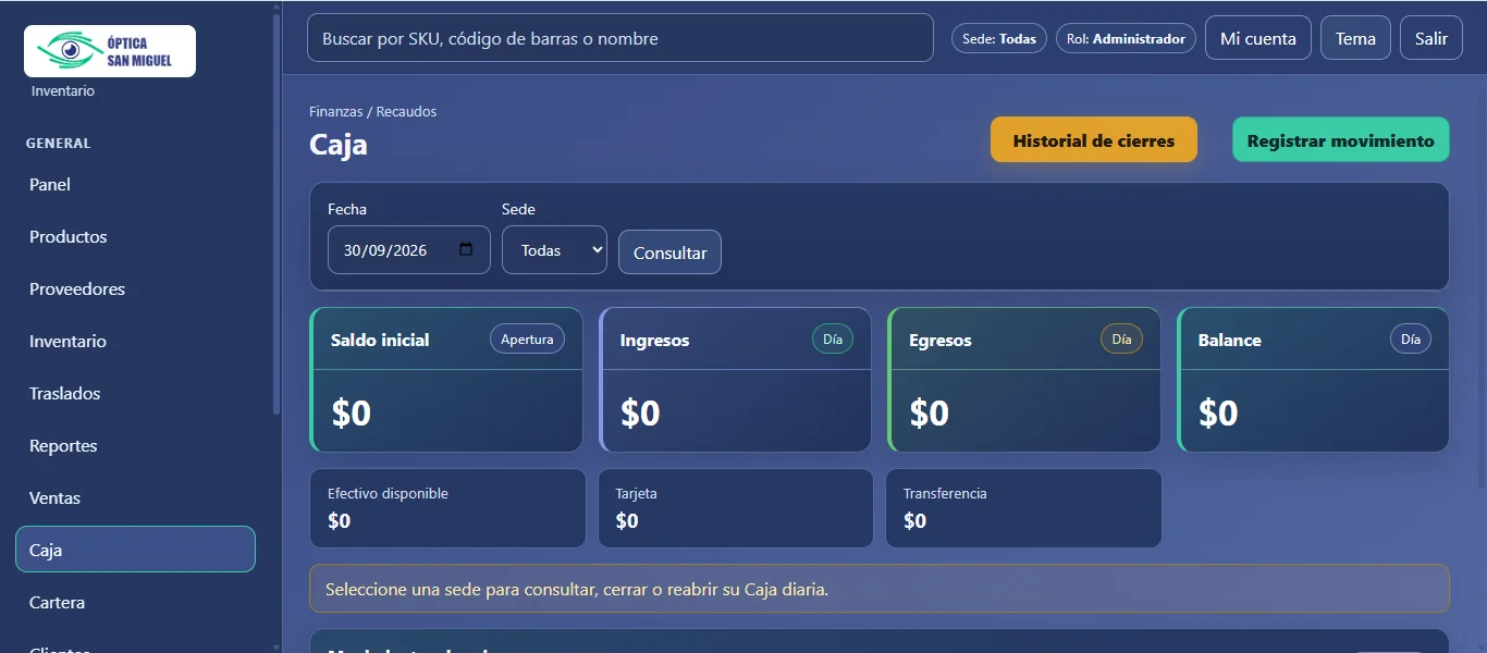 Módulo de caja del sistema de Óptica San Miguel